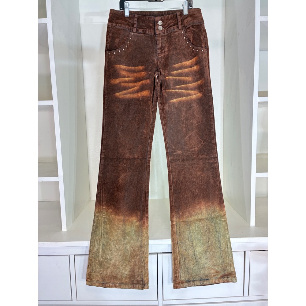 Outcast Pyra Pants Women XS Rust Brown Studded Distressed Low Rise Flare Denim